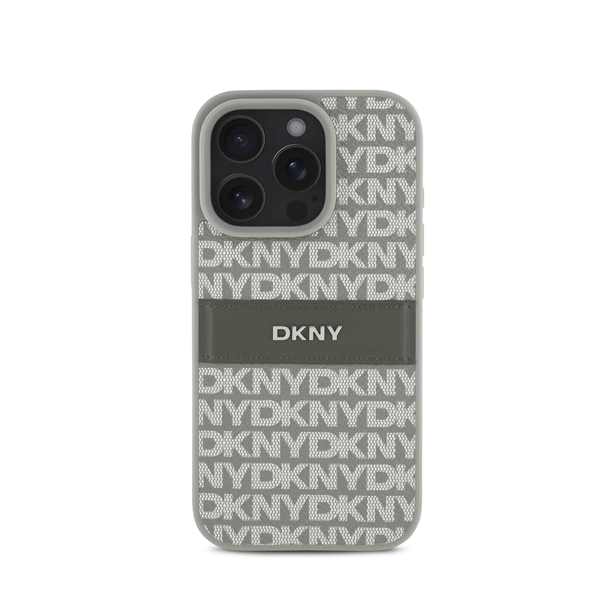 Una custodia per telefono con il logo DKNY. La custodia è grigia e bianca, con il logo DKNY al centro. Lo sfondo è bianco.