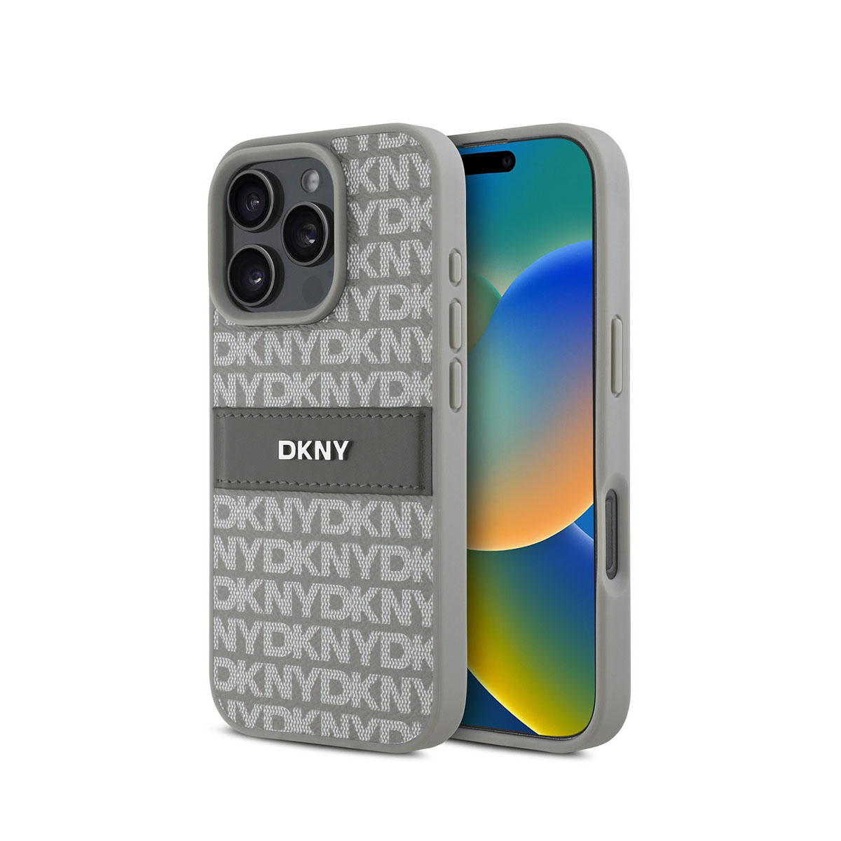 Un iPhone con una custodia DKNY grigia. La custodia è ricoperta da loghi DKNY. Lo schermo dell'iPhone mostra uno sfondo colorato.