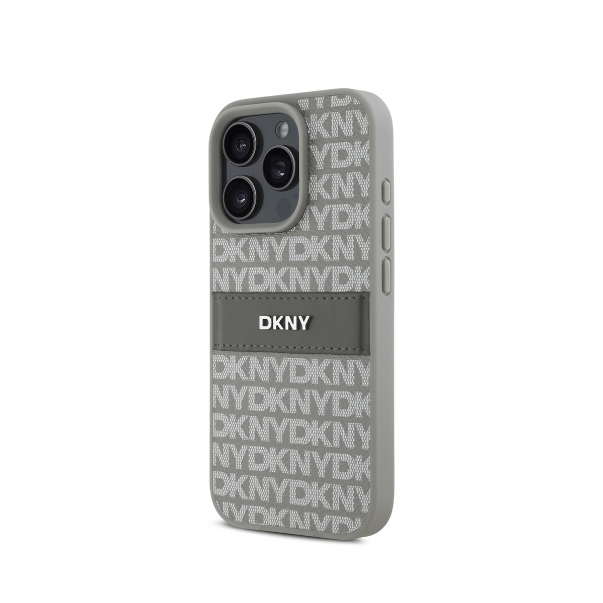 Una custodia grigia per telefono con un motivo ripetuto del logo DKNY. Una fascia in pelle grigia con 'DKNY' attraversa il centro. Il telefono ha tre lenti.