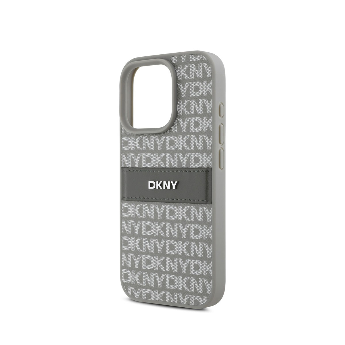Una custodia grigia per telefono con il logo DKNY. La custodia ha un motivo di DKNY e NYDK ripetuti. È su uno sfondo bianco.