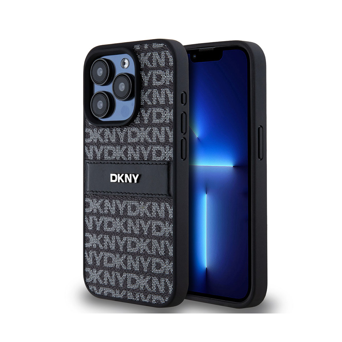 Un iPhone con custodia DKNY. La custodia è nera con un motivo DKNY ripetuto. Lo schermo del telefono è blu.