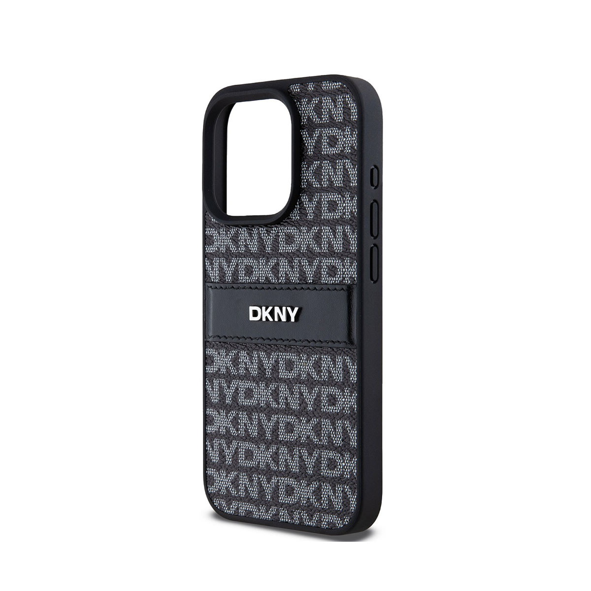 Una custodia per telefono DKNY nera con un motivo a logo ripetuto. Il logo DKNY è ben visibile su una striscia nera al centro.