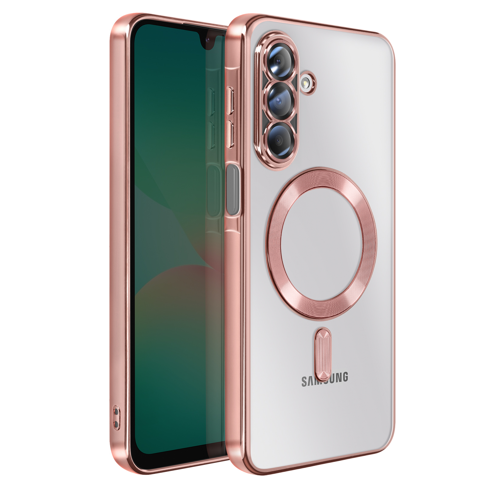 Transparante telefoonhoes met roségouden randen, camerarand en MagSafe-ring. Telefoonscherm zichtbaar. Samsung-logo.