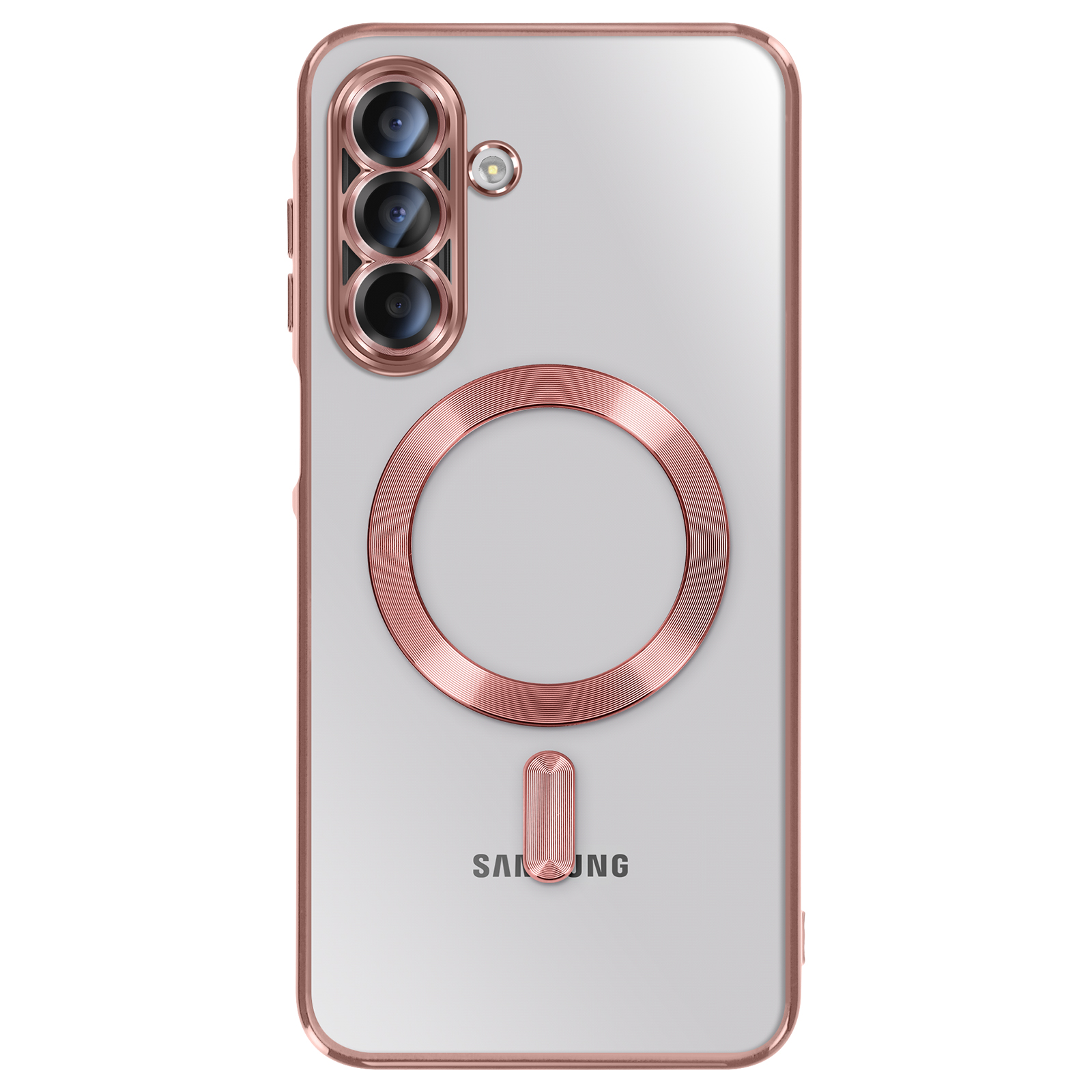Transparante telefoonhoes met roségouden accenten. Voorzien van drie camera's, een ring en een verticale rechthoek.