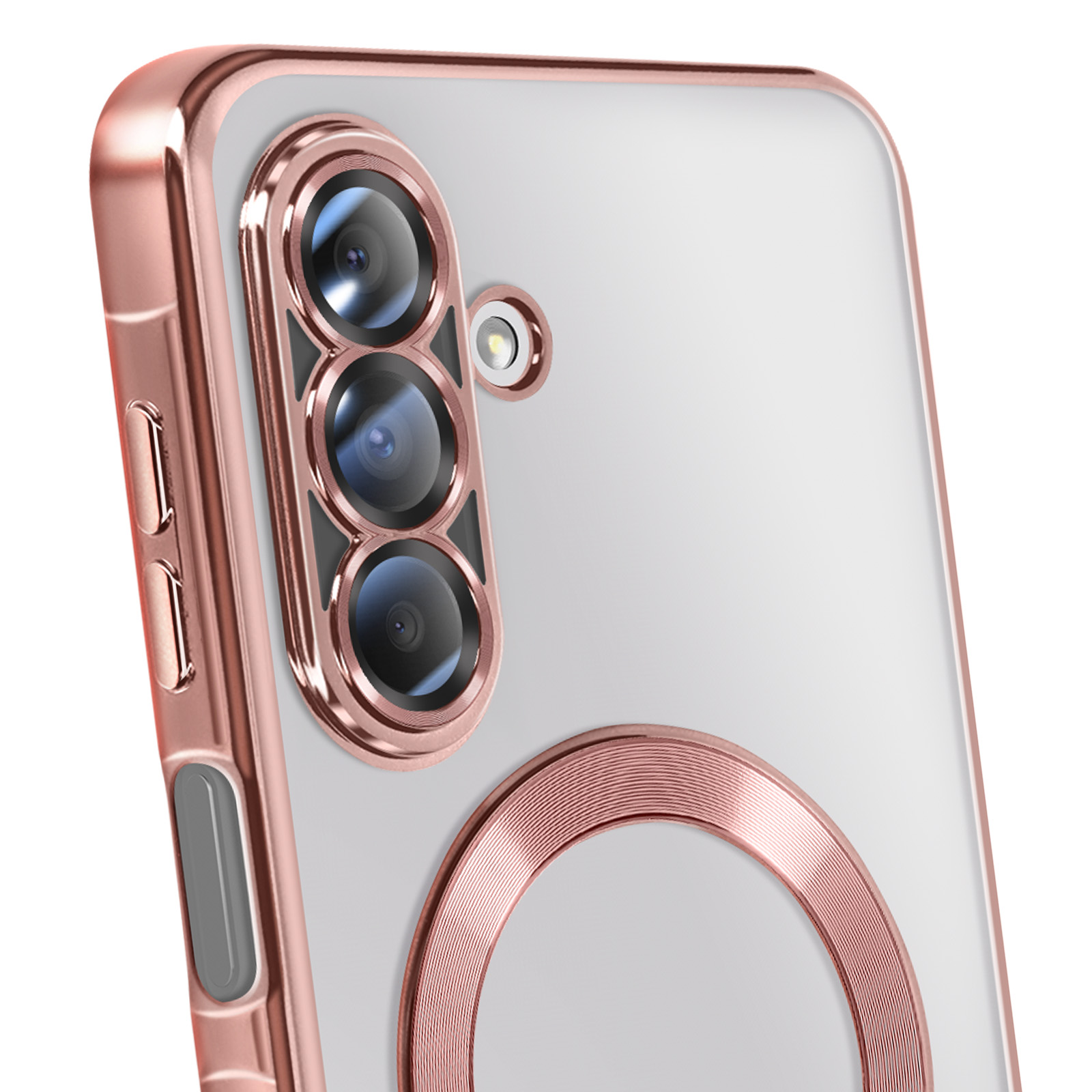 Close-up van een telefoonhoesje met roségouden accenten. Voorzien van cameralenzen, een ring en zijknoppen op een witte achtergrond.