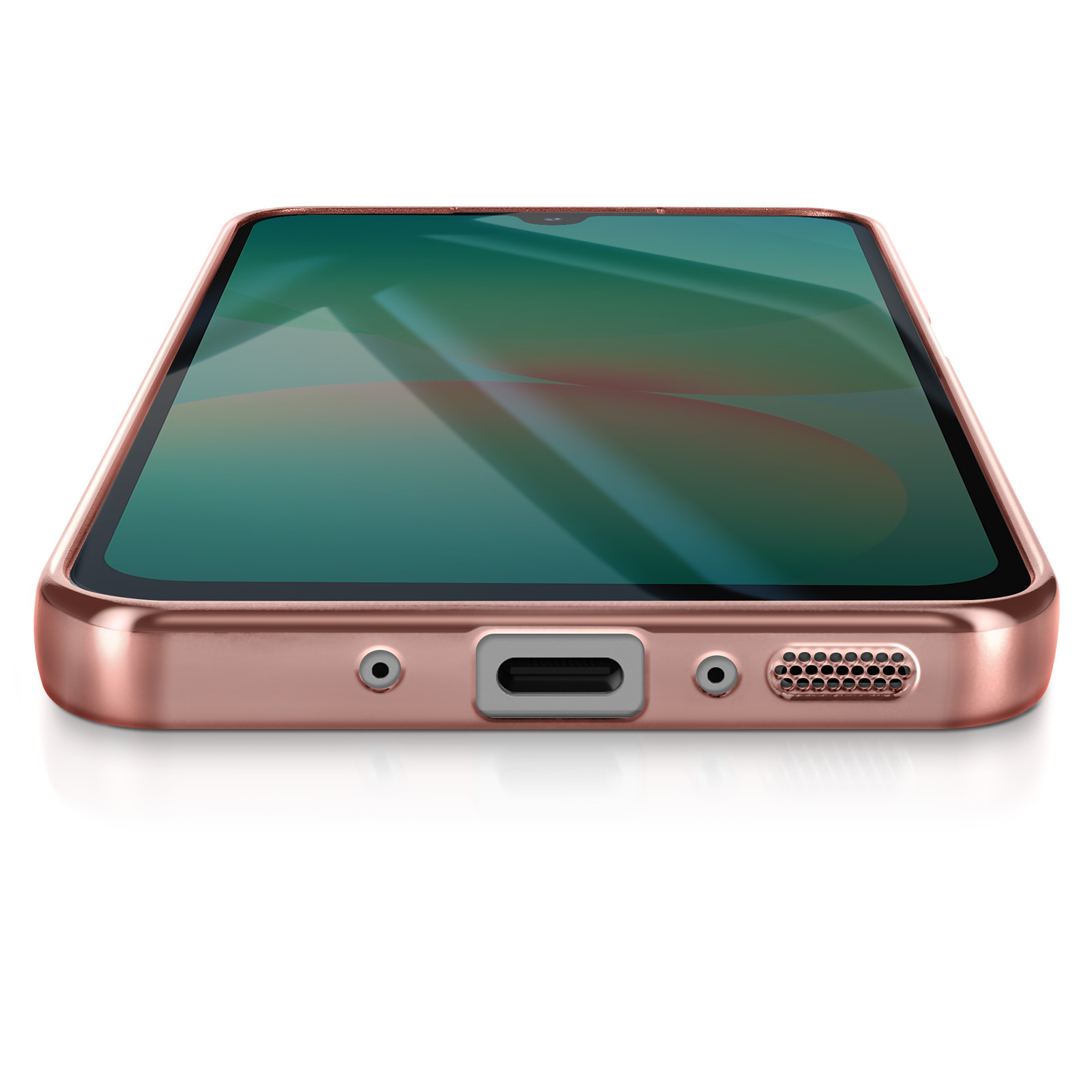 Roségouden smartphone op wit. Scherm toont groene en rode verlopen. Details: poorten en luidspreker.