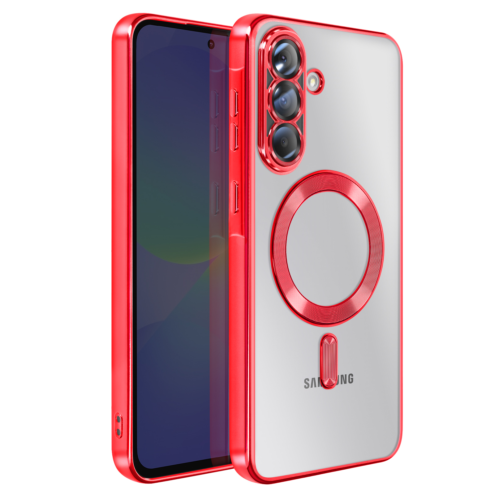 Une coque de téléphone rouge avec un dos transparent, présente un design circulaire et rectangulaire. L'écran du téléphone est visible.