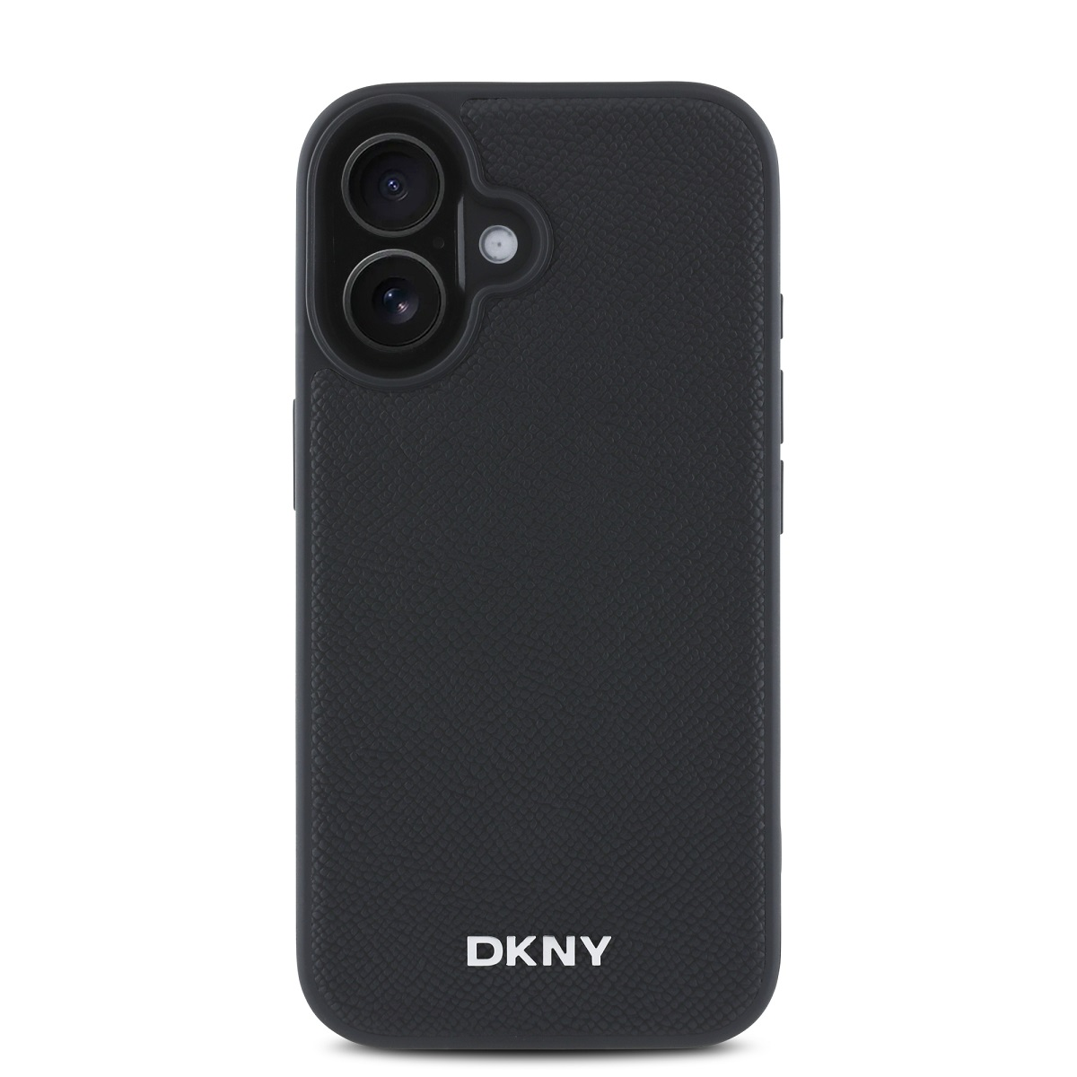 Una custodia per telefono DKNY nera. Ha una superficie strutturata, doppie lenti e il logo DKNY in basso.