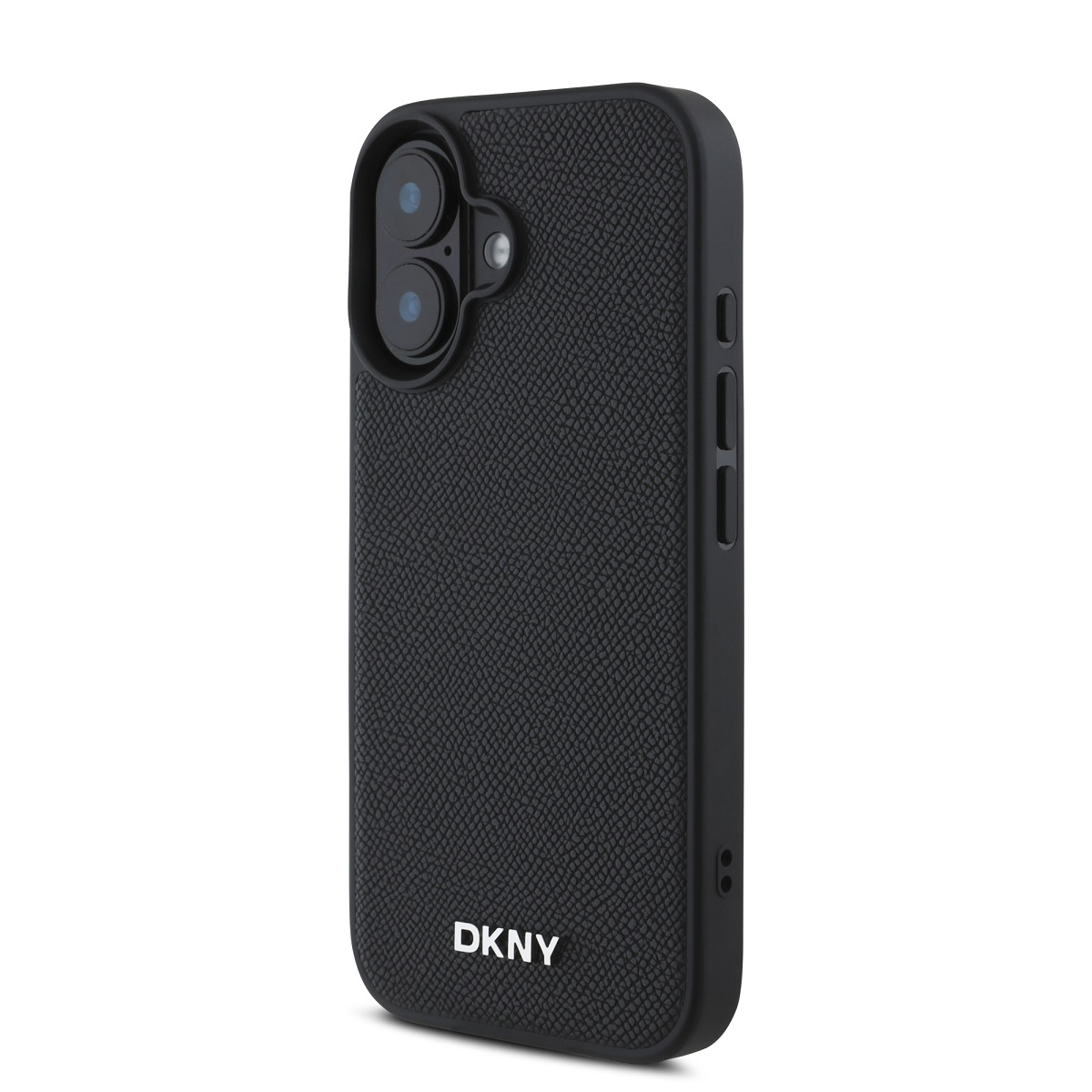 Custodia per telefono DKNY nera. La custodia ha una superficie strutturata, ritagli per la fotocamera e pulsanti laterali. Il logo DKNY è visibile.