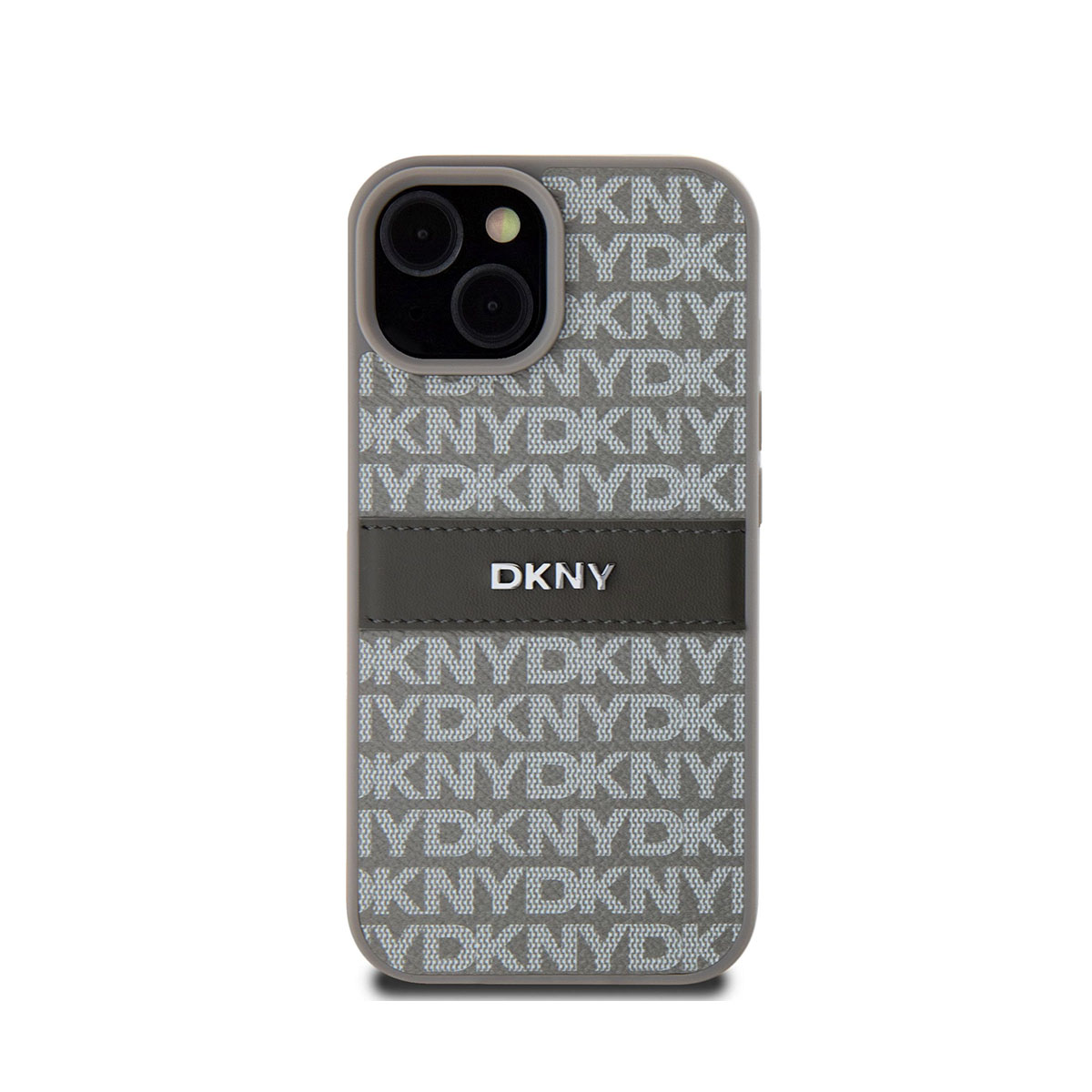 Una custodia per telefono con il logo DKNY. La custodia è grigia con il logo DKNY bianco a motivo ripetuto e una striscia grigio scuro con il logo.