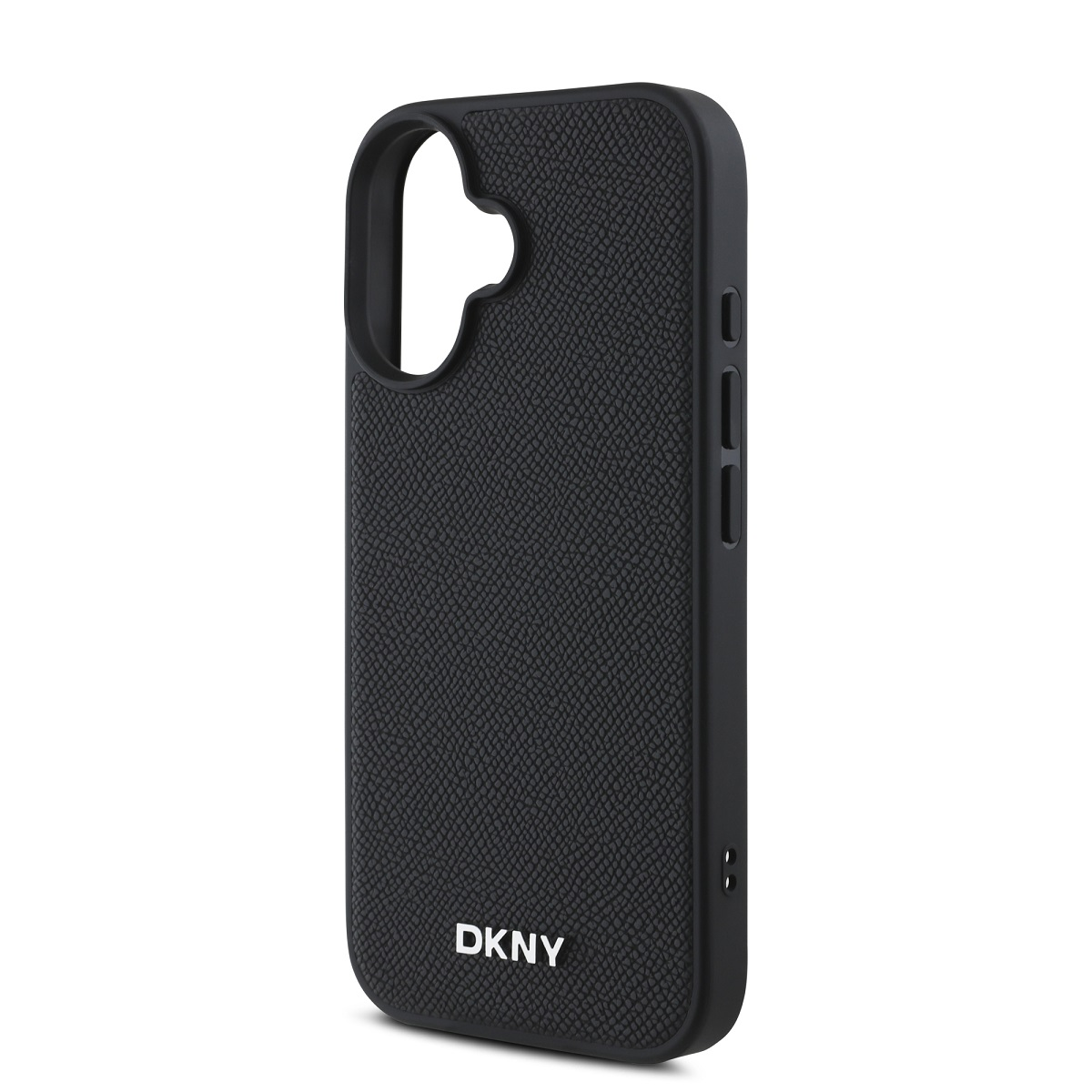 Una custodia per telefono DKNY nera. Ha una superficie strutturata, un ritaglio per la fotocamera e pulsanti laterali.