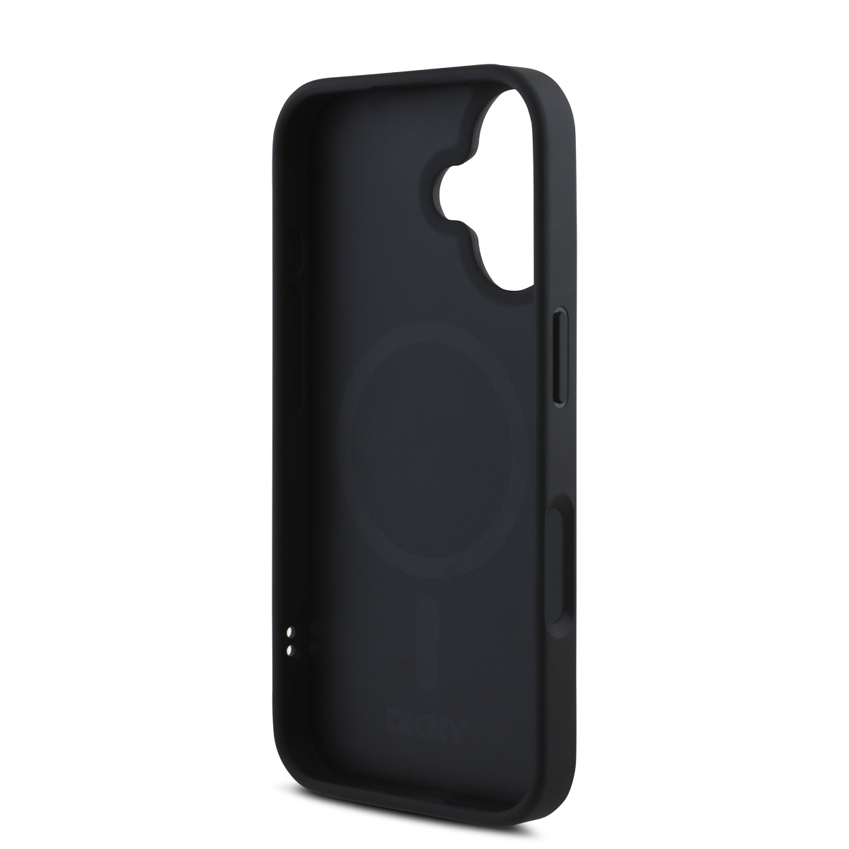 Una custodia nera per telefono DKNY, con apertura per la fotocamera e design circolare sul retro, su sfondo bianco.