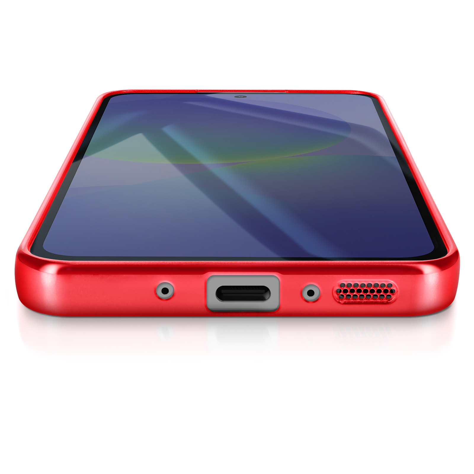 Un smartphone rouge à écran sombre est posé horizontalement. Le téléphone a un boîtier rouge et un fond blanc.