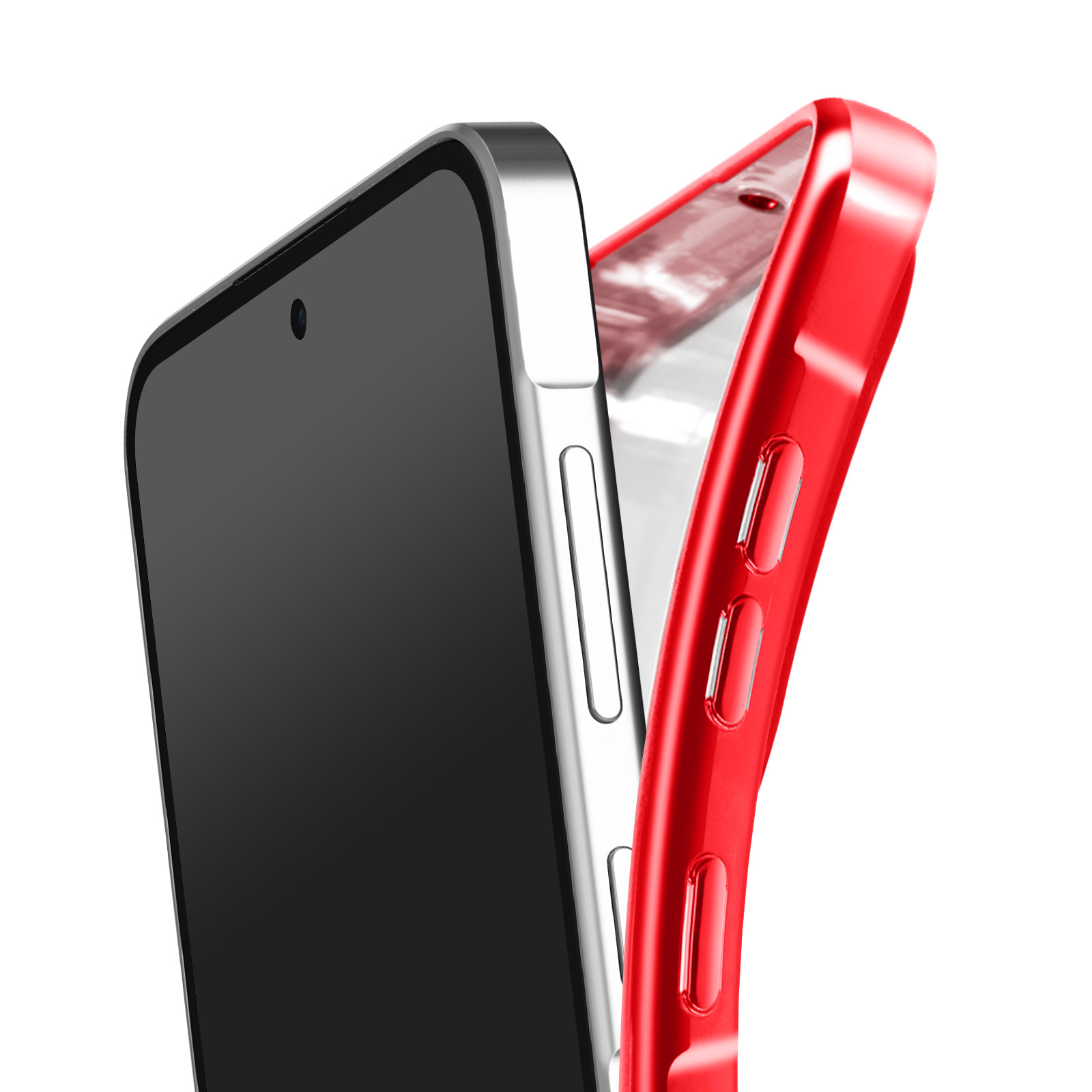 Un smartphone avec écran noir et cadre argenté à côté d'une coque rouge. Le fond est blanc.