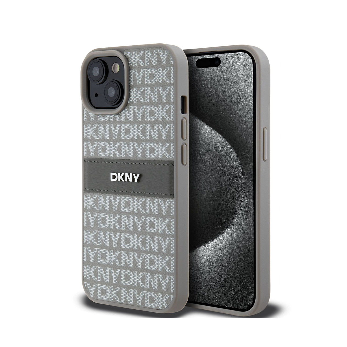 Una custodia grigia per telefono con il logo DKNY e motivi DKNY ripetuti. La custodia è accanto a un telefono con schermo nero.