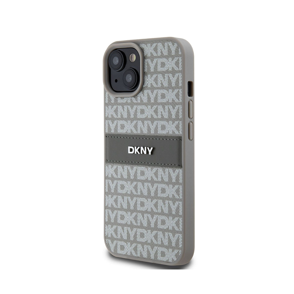 Una custodia grigia per iPhone con il logo DKNY. La custodia presenta un motivo ripetuto di DKNY e una striscia grigia con il logo.