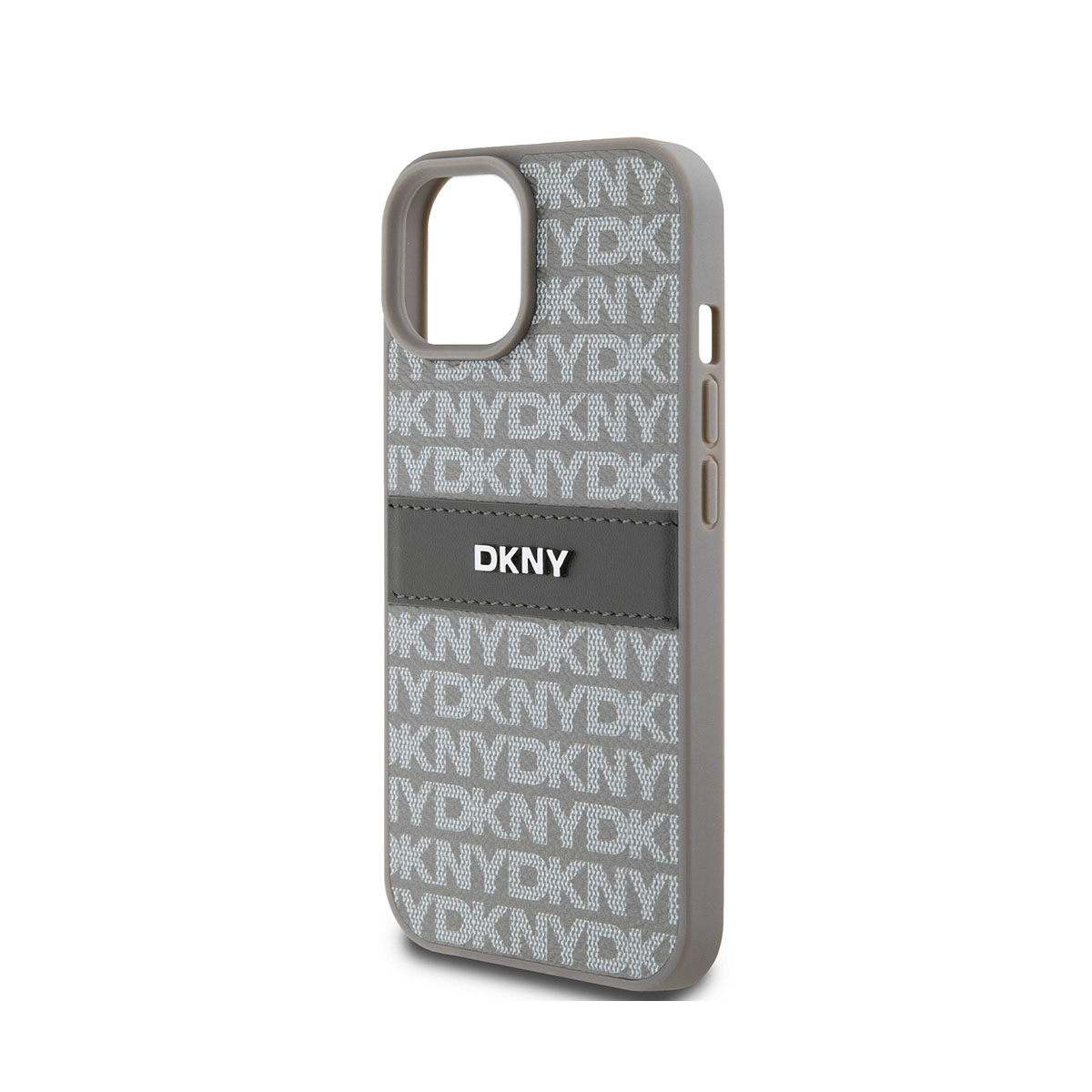 Una custodia per telefono DKNY grigia. La custodia ha un motivo 'DKNY' e 'NYDK' in bianco. Una fascia grigia con 'DKNY' in bianco è centrata.