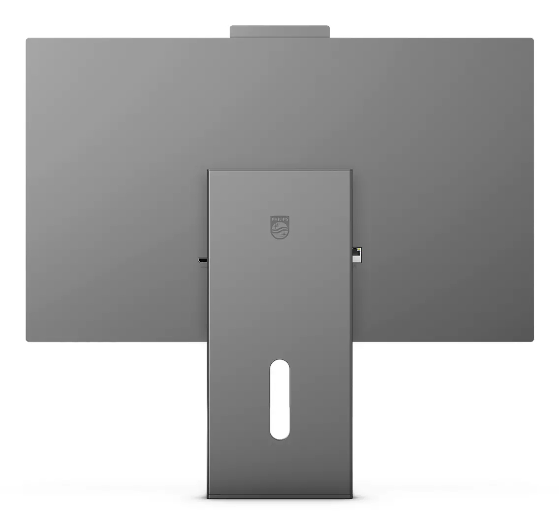 Widok z tyłu szarego monitora komputerowego Philips. Ma duży ekran, podstawkę i logo Philips. Design jest elegancki i nowoczesny.