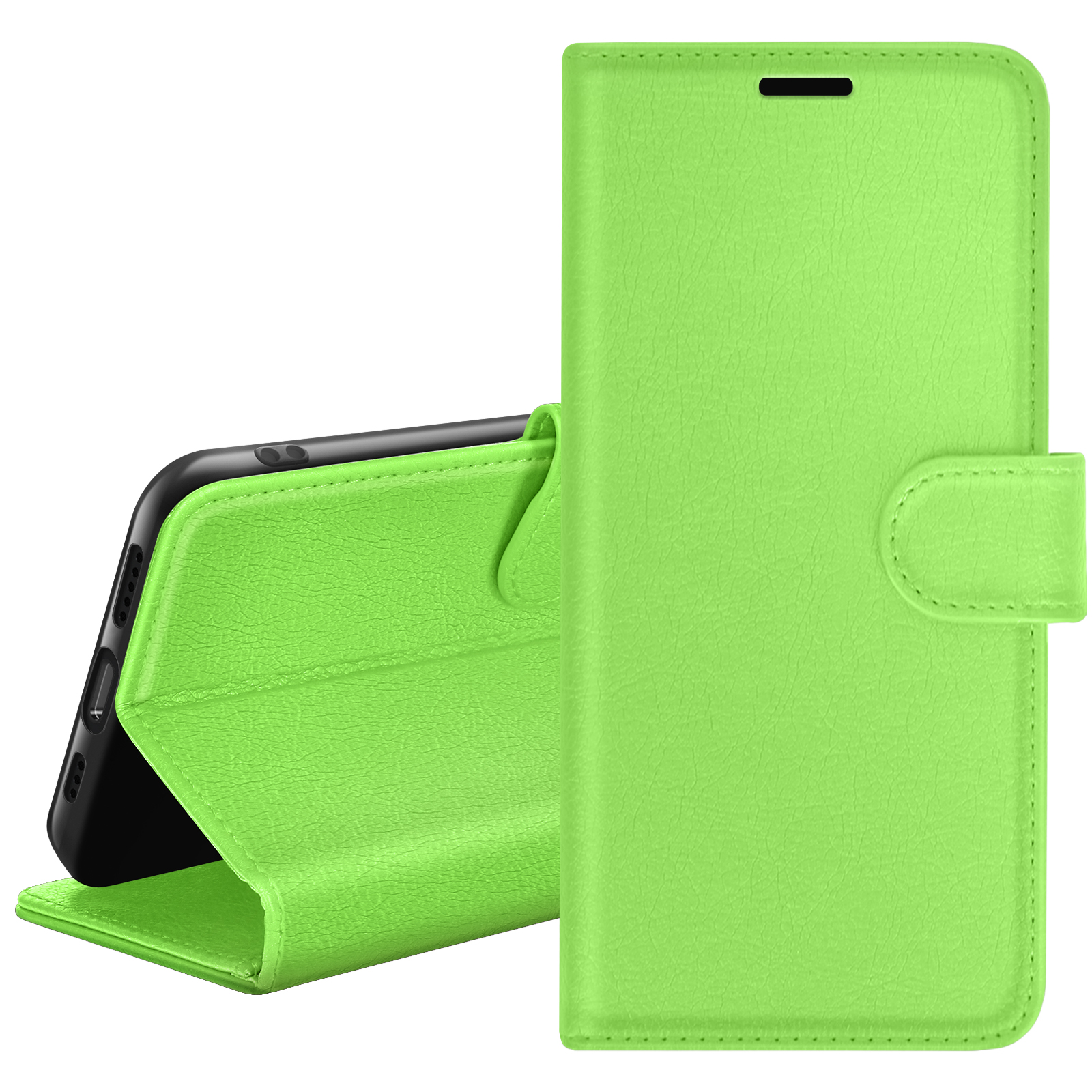 Un étui de téléphone vert est présenté, avec un téléphone noir à l'intérieur, l'étui est ouvert et fermé, fond blanc.