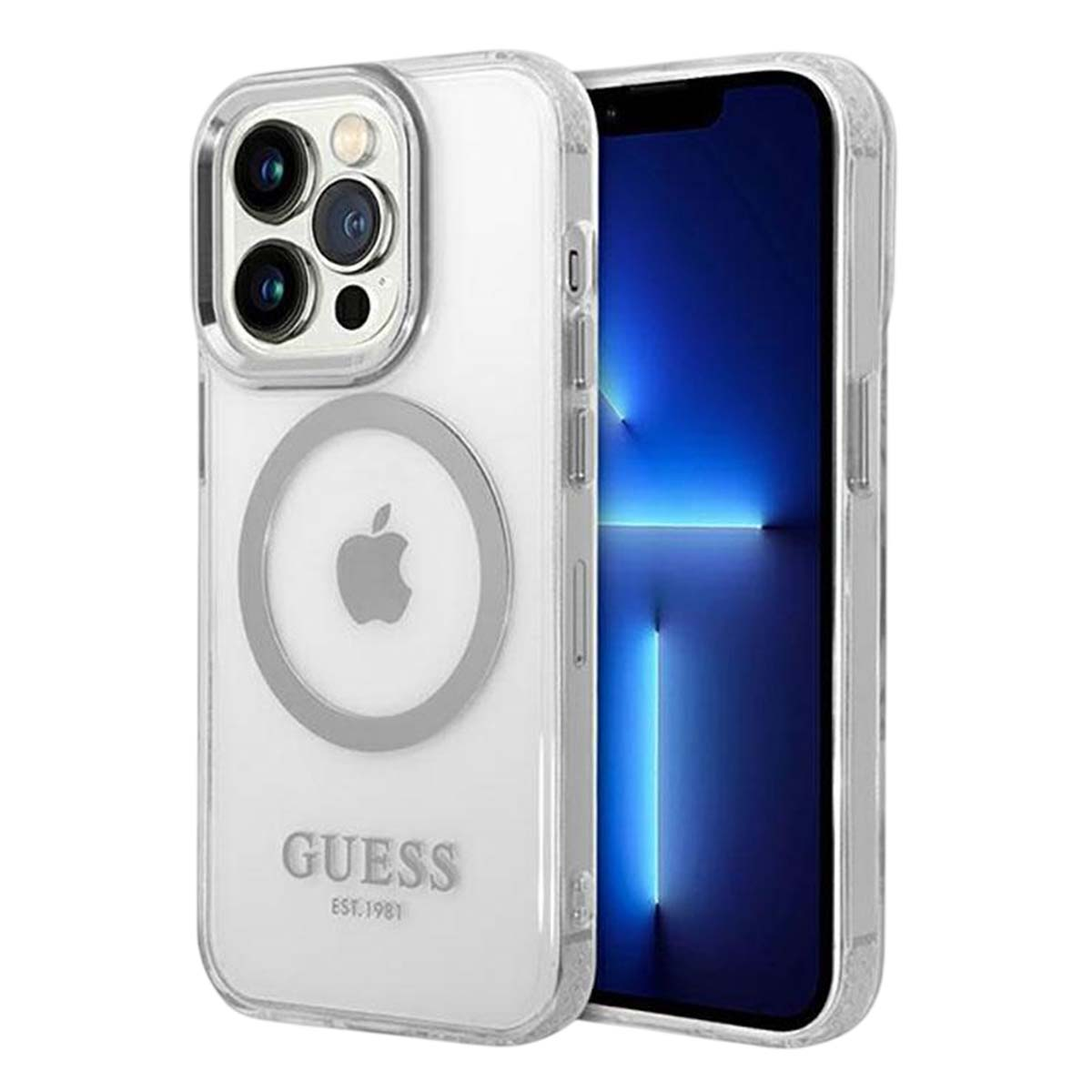 Custodia trasparente per iPhone con telefono all'interno. La custodia ha il logo Guess, il logo Apple e ritagli per la fotocamera. Lo schermo del telefono è blu.