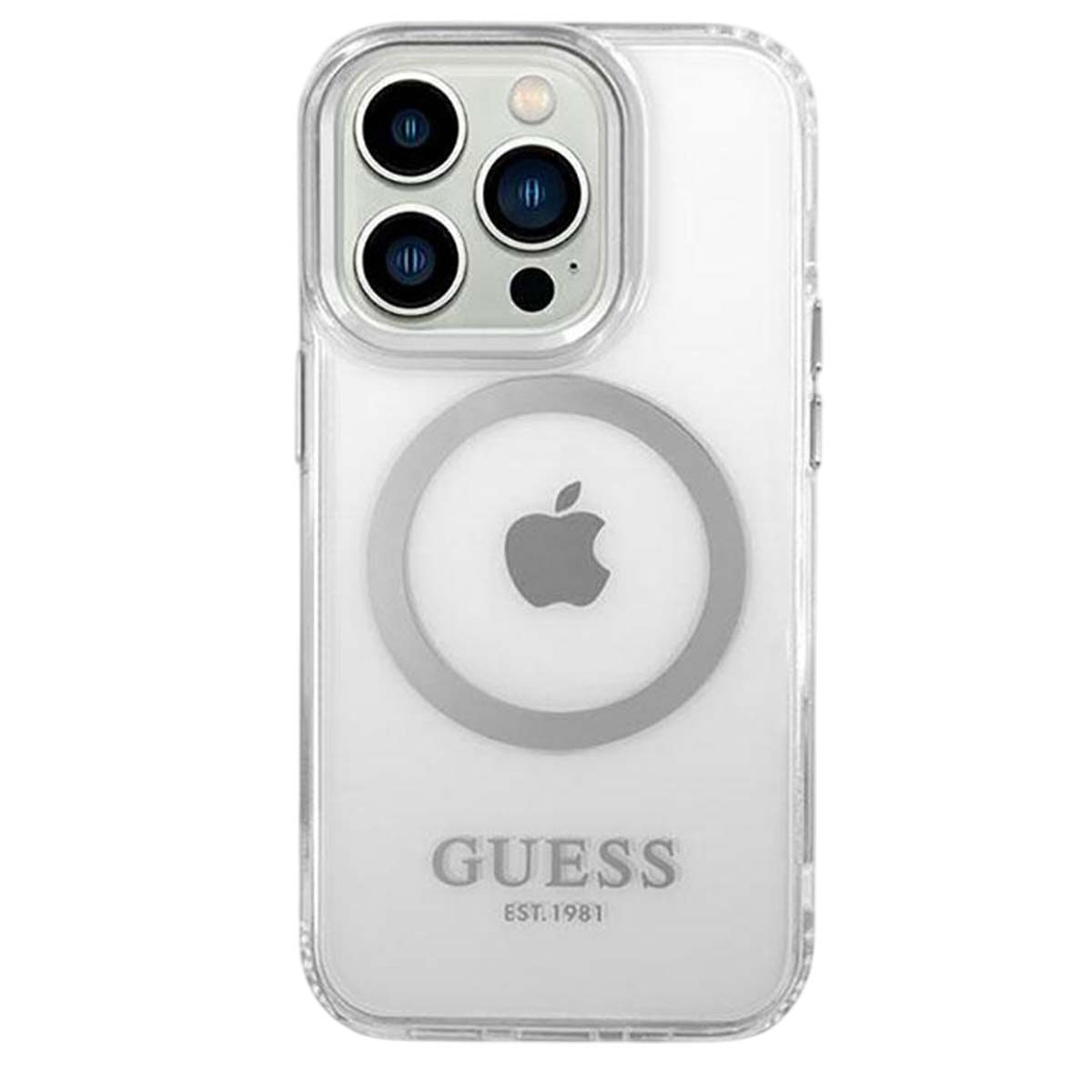 Custodia trasparente per telefono con logo Apple grigio e logo Guess. La custodia ha un ritaglio per la fotocamera. Il telefono è visibile.