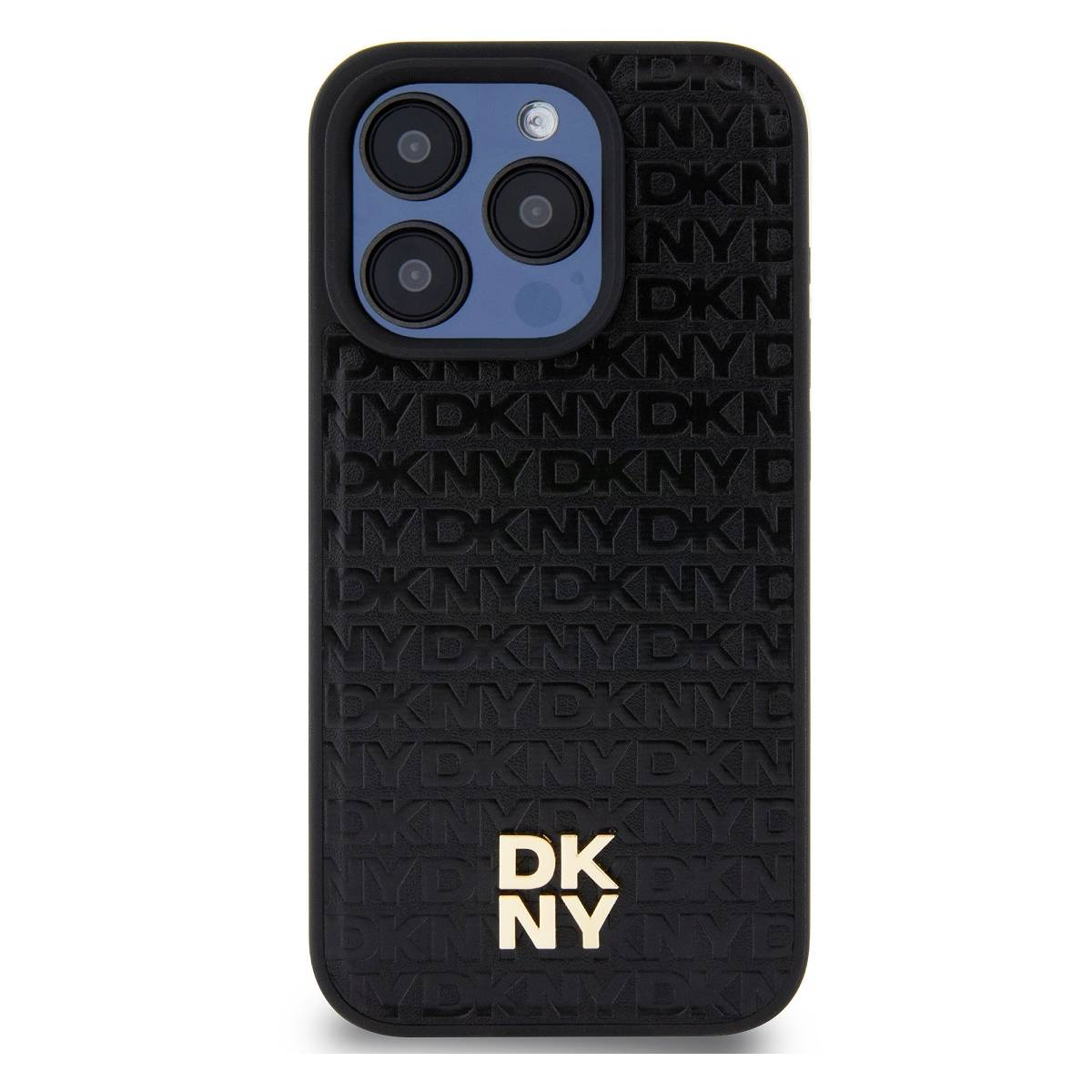 Custodia per telefono nera con logo e marchio 'DKNY' in rilievo. Presenta tre obiettivi della fotocamera e le parole 'DKNY' ripetute.