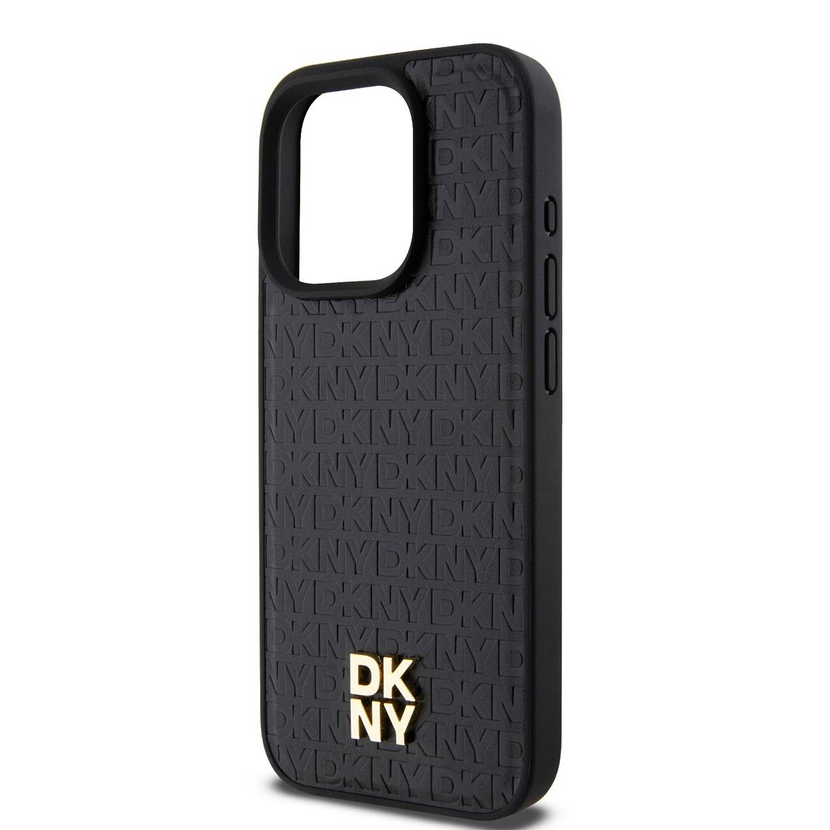 Eine schwarze Handyhülle mit goldenem 'DKNY'. Die Hülle ist mit 'DKNY' und 'NY' geprägt. Ein Kameraausschnitt ist sichtbar.