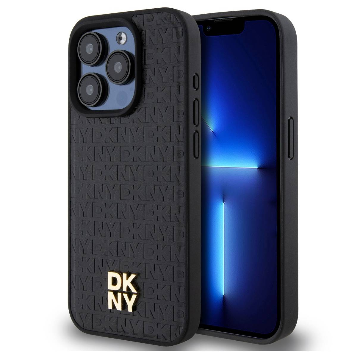 Schwarze Handyhülle mit Telefon. Die Hülle hat ein DKNY-Logo. Der Telefonbildschirm ist blau.