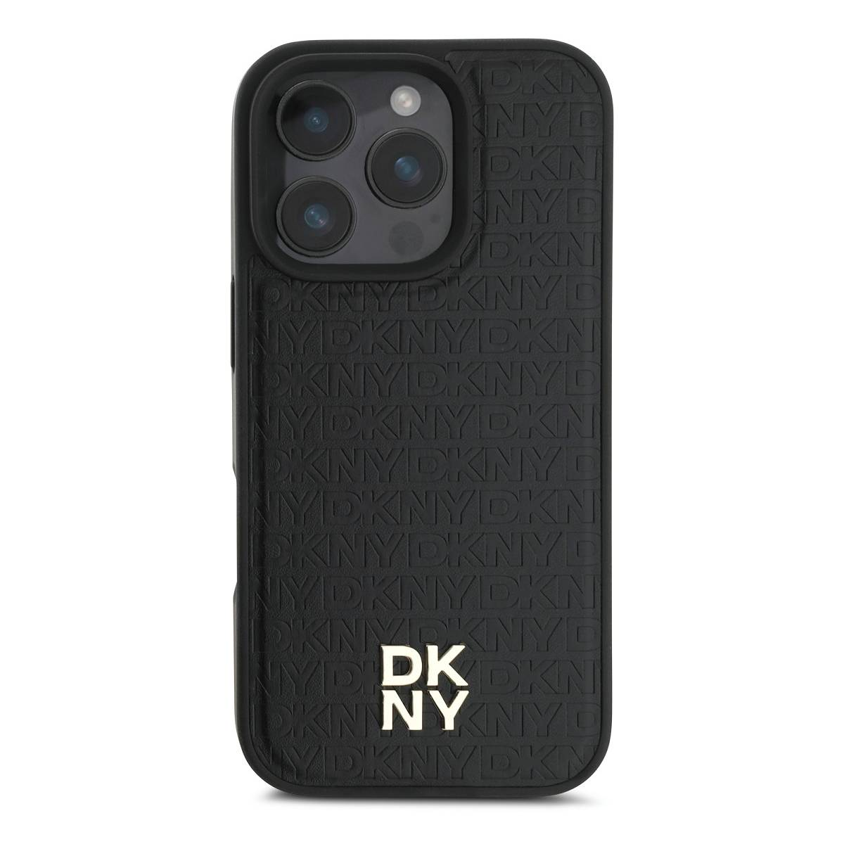 Una custodia per telefono nera con le lettere DKNY in oro. La custodia ha un ritaglio per la fotocamera e un motivo DKNY strutturato.