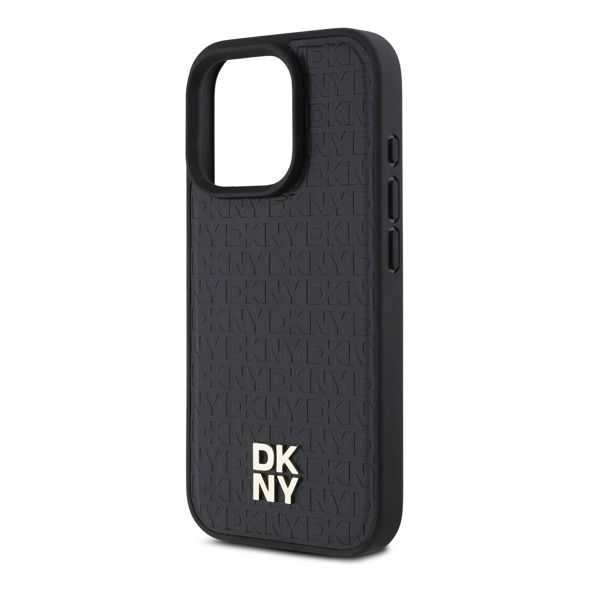 Custodia per telefono nera con logo e motivo DKNY in rilievo. Logo DKNY dorato in basso.