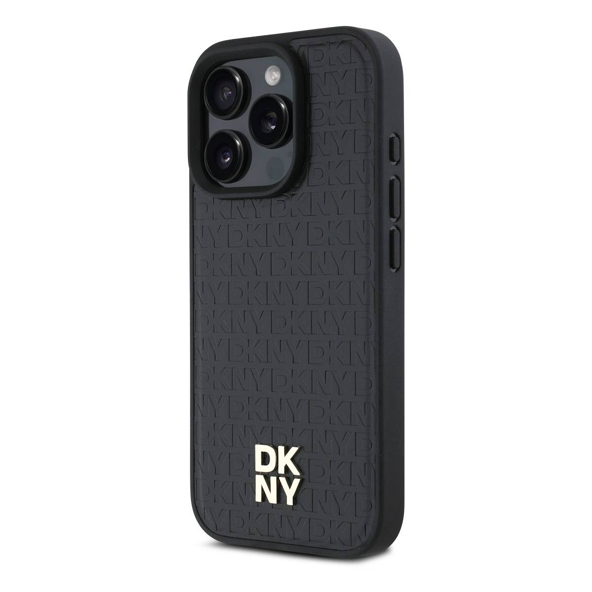 Una custodia nera per telefono con il logo DKNY. La custodia ha un motivo ripetuto di DKNY e NYD. La fotocamera e i pulsanti sono visibili.