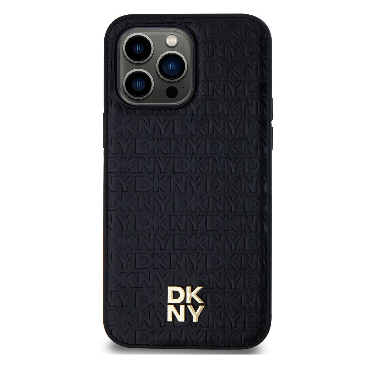 Schwarze Handyhülle mit geprägtem DKNY-Logo und -Text. Die Hülle hat oben ein Kameramodul und unten ein goldenes DKNY-Logo.