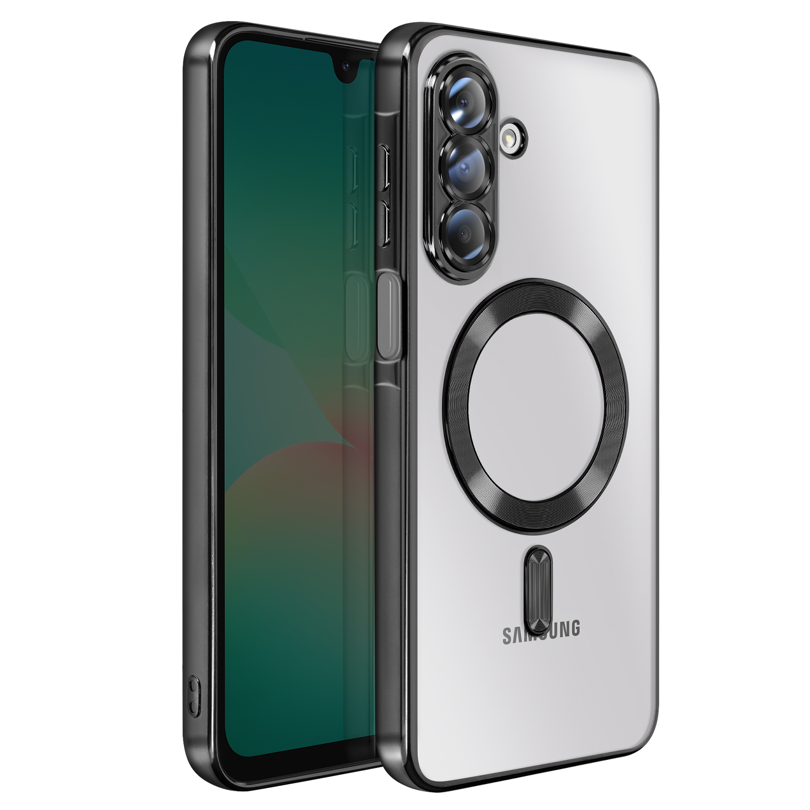 Een doorzichtige telefoonhoes met een zwart frame. Het heeft een MagSafe-ring en een Samsung-logo. Het telefoonscherm is zichtbaar.