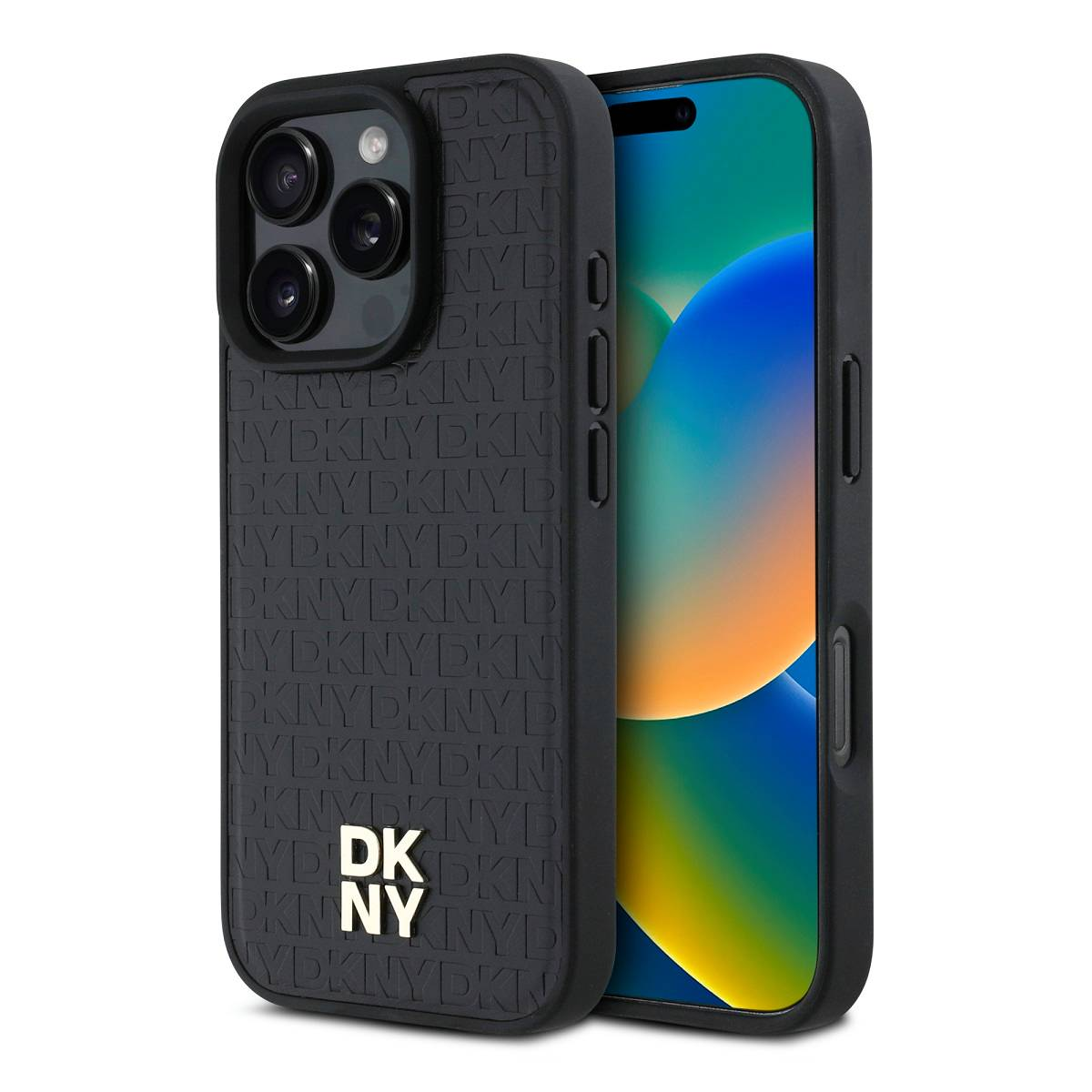Un iPhone nero in una custodia DKNY nera. La custodia ha il logo DKNY e il testo DKNY ripetuto. Lo schermo del telefono è visibile.