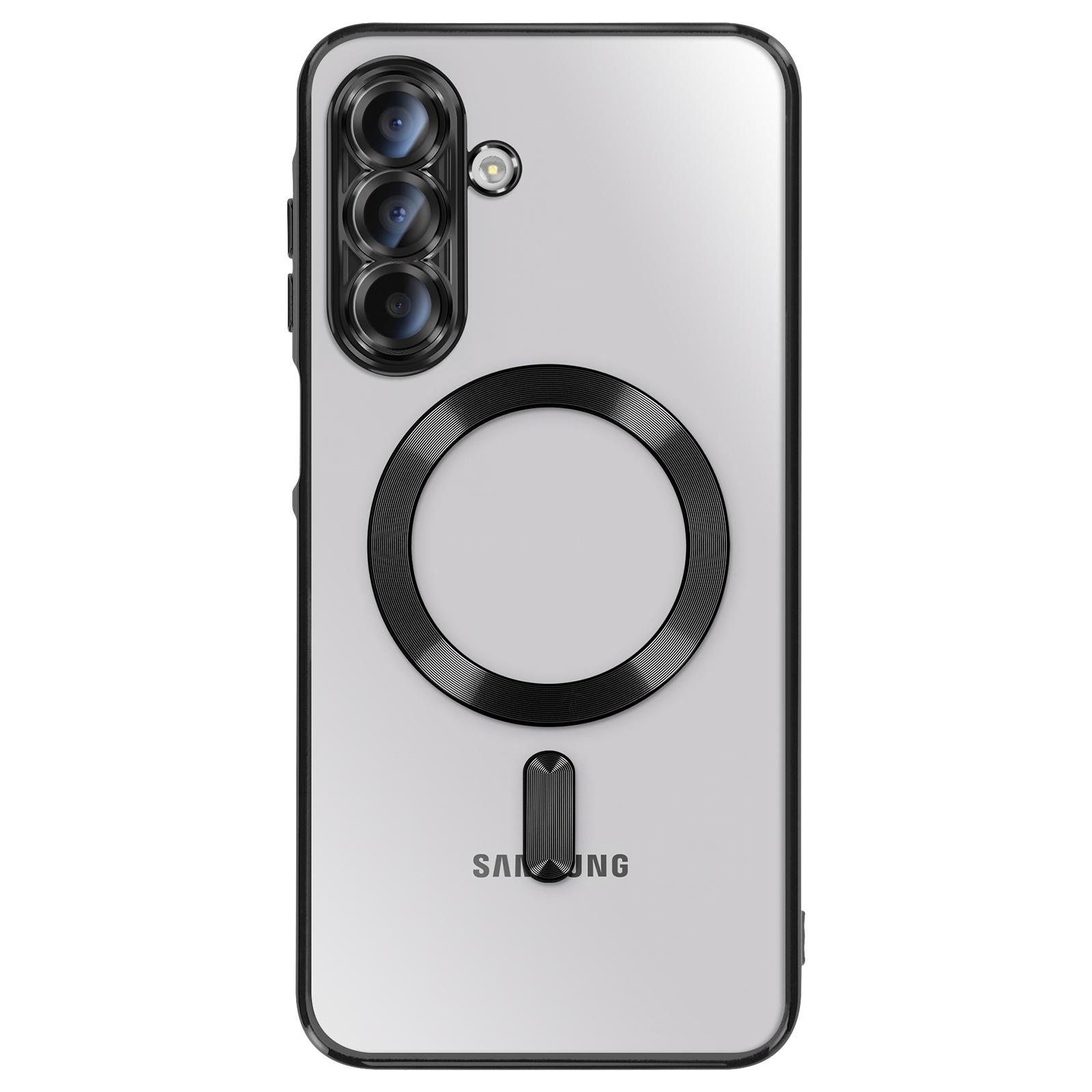 Transparante telefoonhoes met zwarte accenten. Het heeft een drievoudige camera, een magnetische ring en het Samsung-logo.