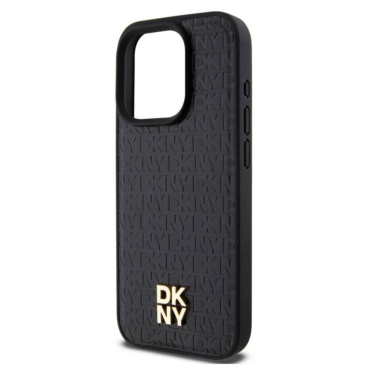 Schwarze Handyhülle mit sich wiederholendem DKNY-Muster und goldenem DKNY-Logo. Die Hülle ist abgewinkelt, um die Seitentasten zu zeigen.