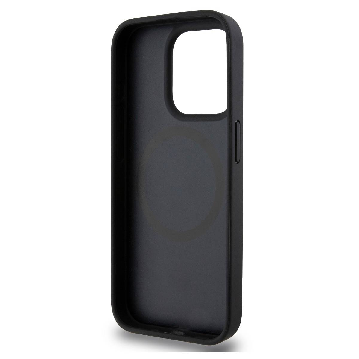 Eine schwarze Handyhülle, entworfen für ein Smartphone. Sie hat Öffnungen für die Kamera und Seitentasten, mit einem kreisförmigen Design innen.
