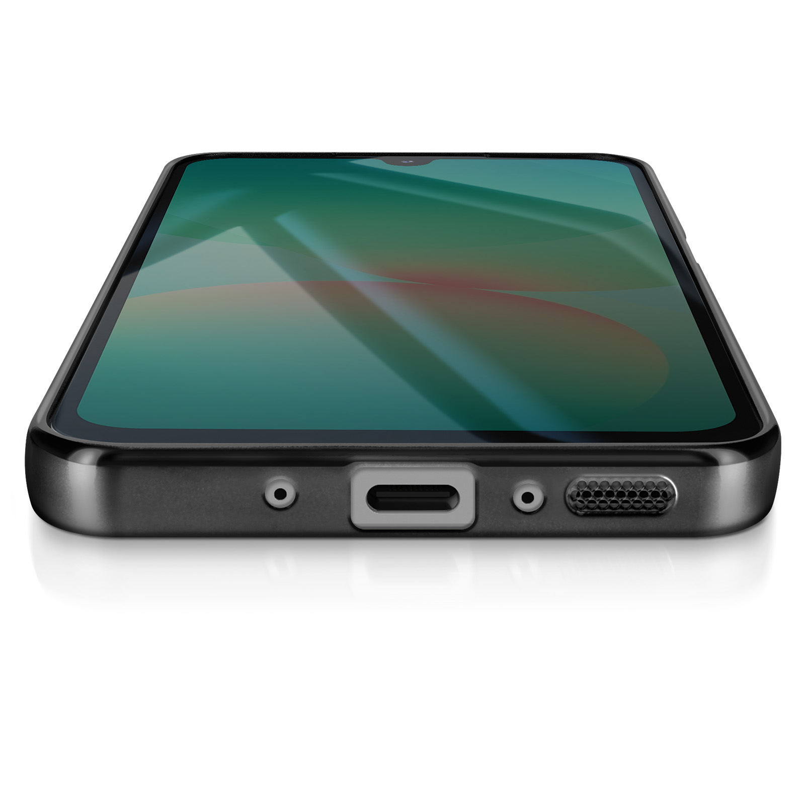 Een zwarte smartphone ligt plat, het scherm toont een groen en rood abstract ontwerp. De onderkant heeft poorten en luidsprekers.