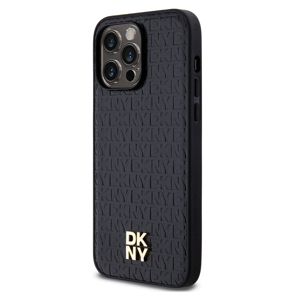 Schwarze Handyhülle mit DKNY-Logo. Das Case hat ein sich wiederholendes DKNY-Muster und ein goldenes DKNY-Logo.