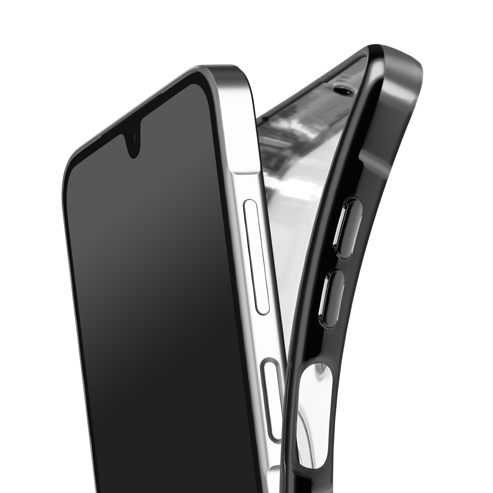 Een telefoon met een zwart scherm staat naast een zwarte telefoonhoes. De telefoon en hoes zijn geïsoleerd op een witte achtergrond.