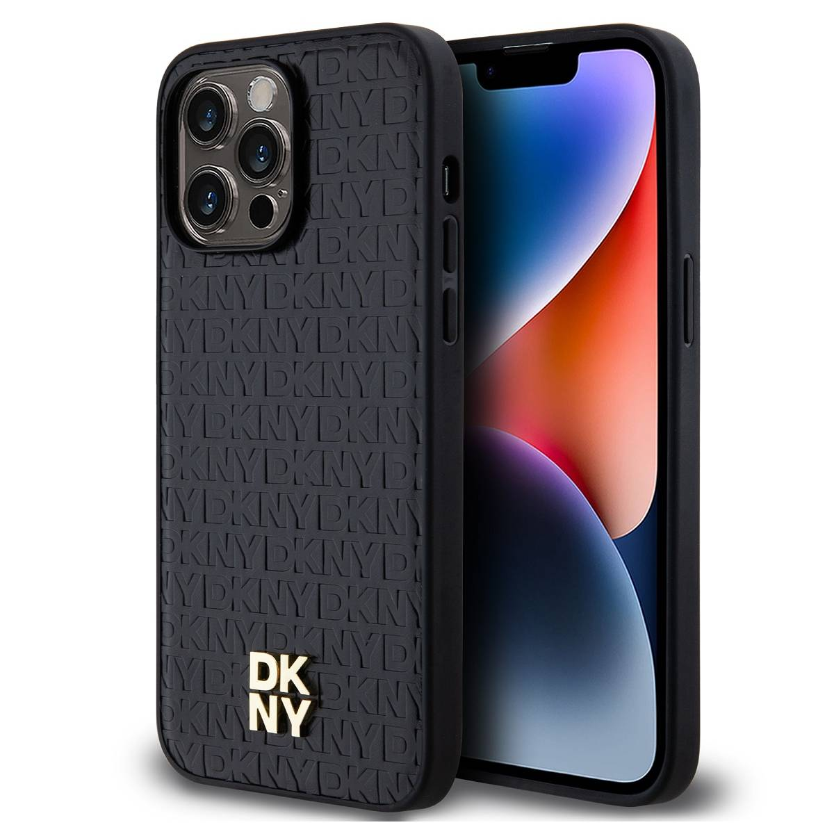 Schwarze Handyhülle mit DKNY-Logo. Das Telefon hat einen Bildschirm mit Farbverlauf. Die Hülle hat ein strukturiertes Muster und ist teilweise geöffnet.