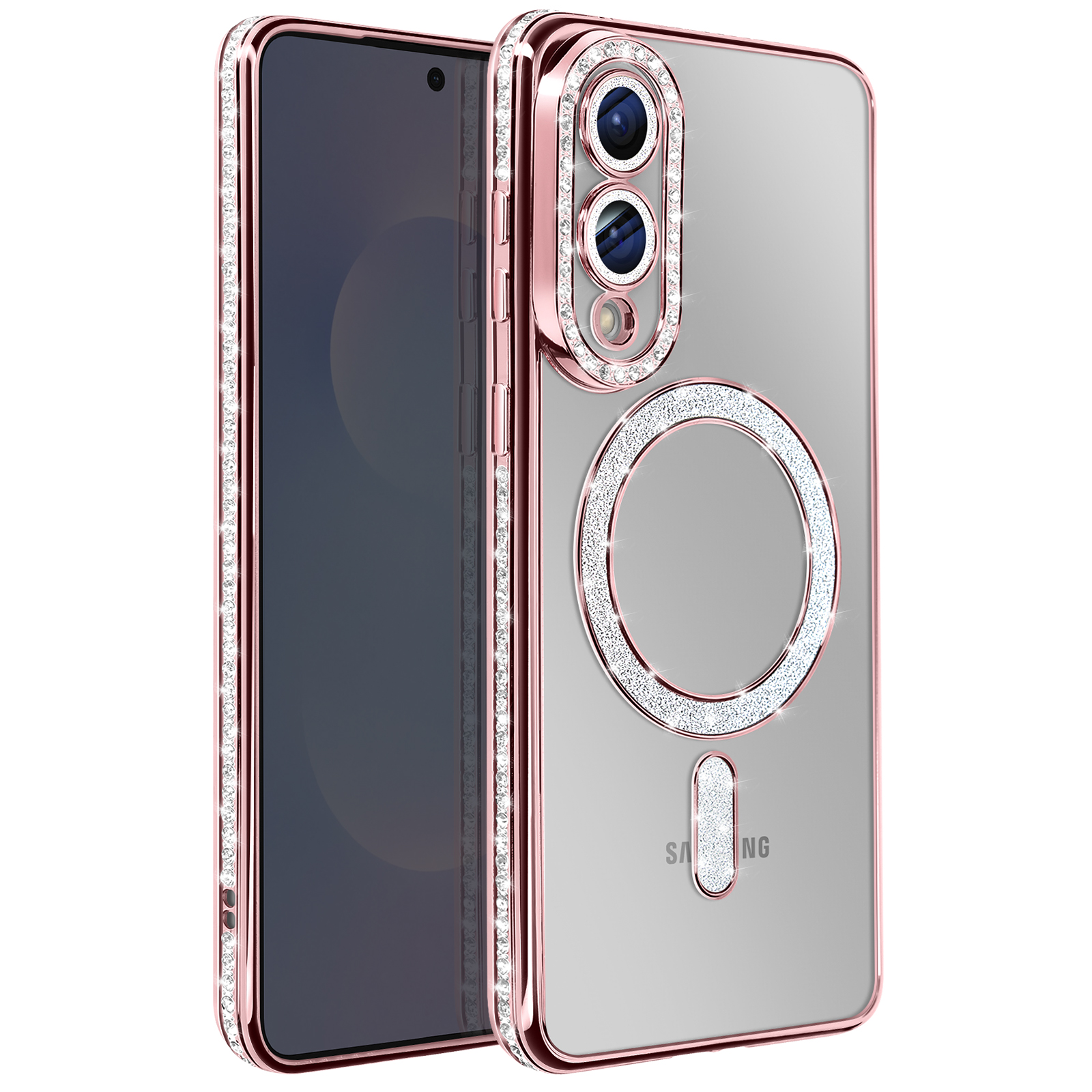 Une coque de téléphone or rose avec dos transparent, bords ornés et un anneau de paillettes autour de la zone de charge.