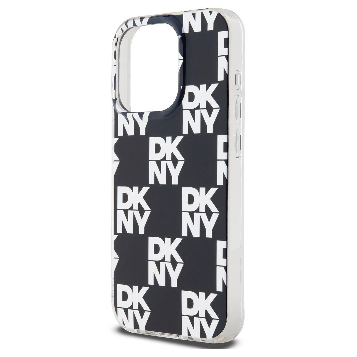 Una cover per telefono con un motivo bianco e nero. Il motivo ripete le lettere "DKNY" in bianco su sfondo nero.