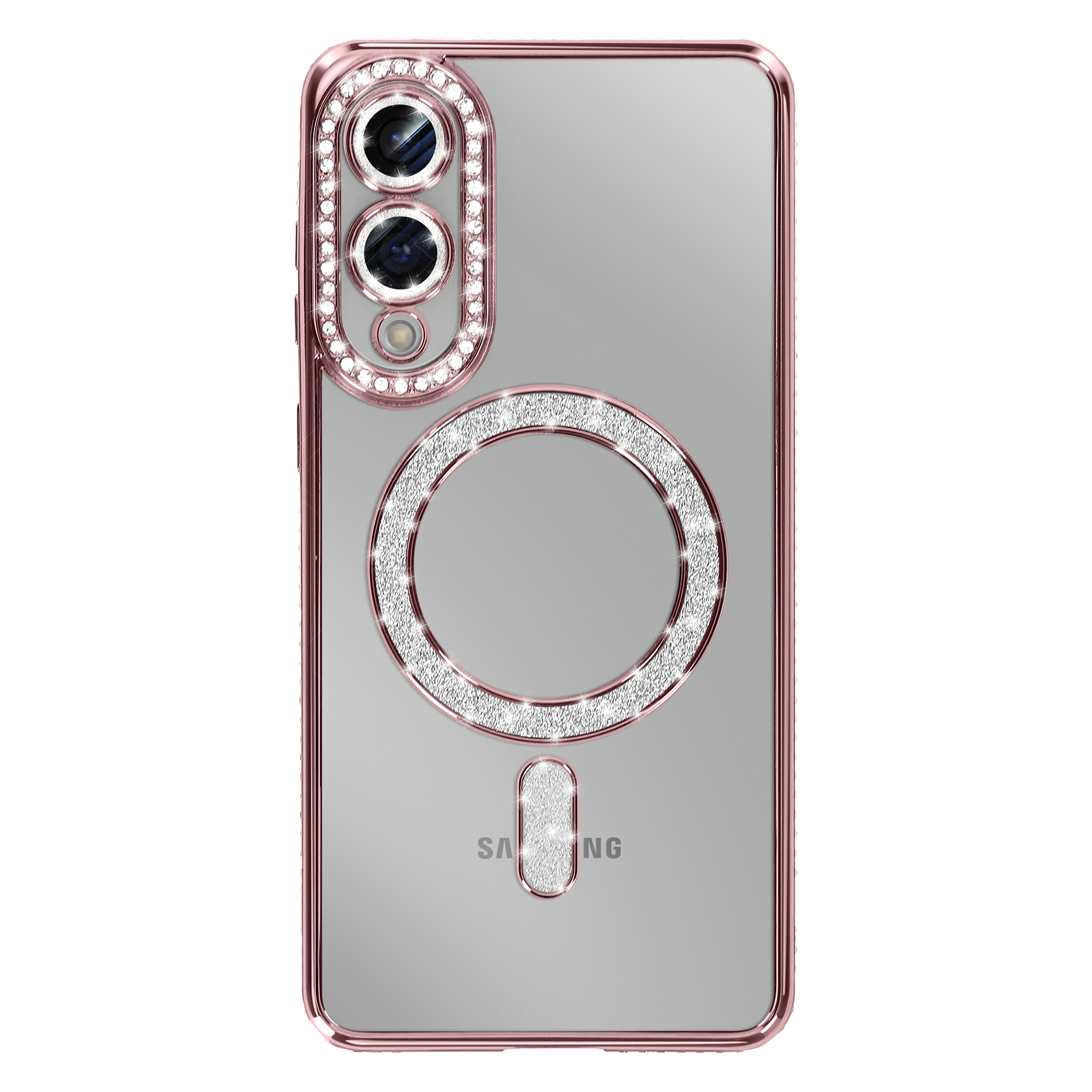 Coque de téléphone avec cadre or rose et dos transparent. Ornée de strass autour de la caméra et de la zone de chargement.