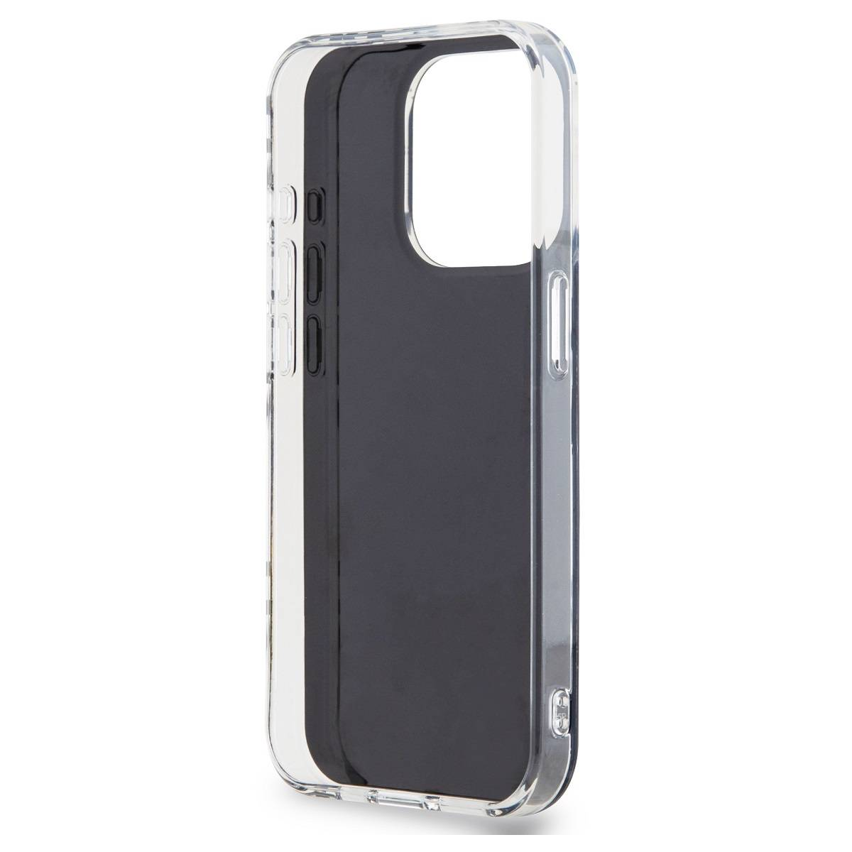 Una custodia trasparente per telefono con interno nero. La custodia ha ritagli per i pulsanti e la fotocamera.