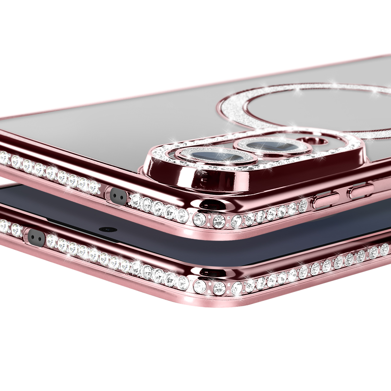 Gros plan sur une coque de téléphone or rose avec des cristaux clairs. La coque recouvre le téléphone et l'appareil photo.