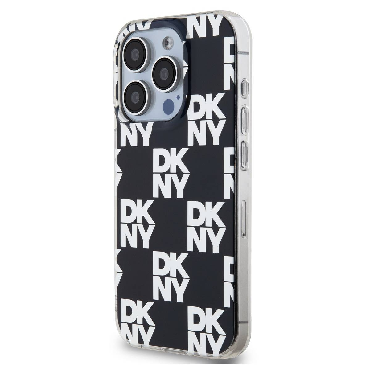 Custodia trasparente per telefono con motivo DKNY NY nero. Quattro obiettivi della fotocamera visibili. Tasti e bordi trasparenti.