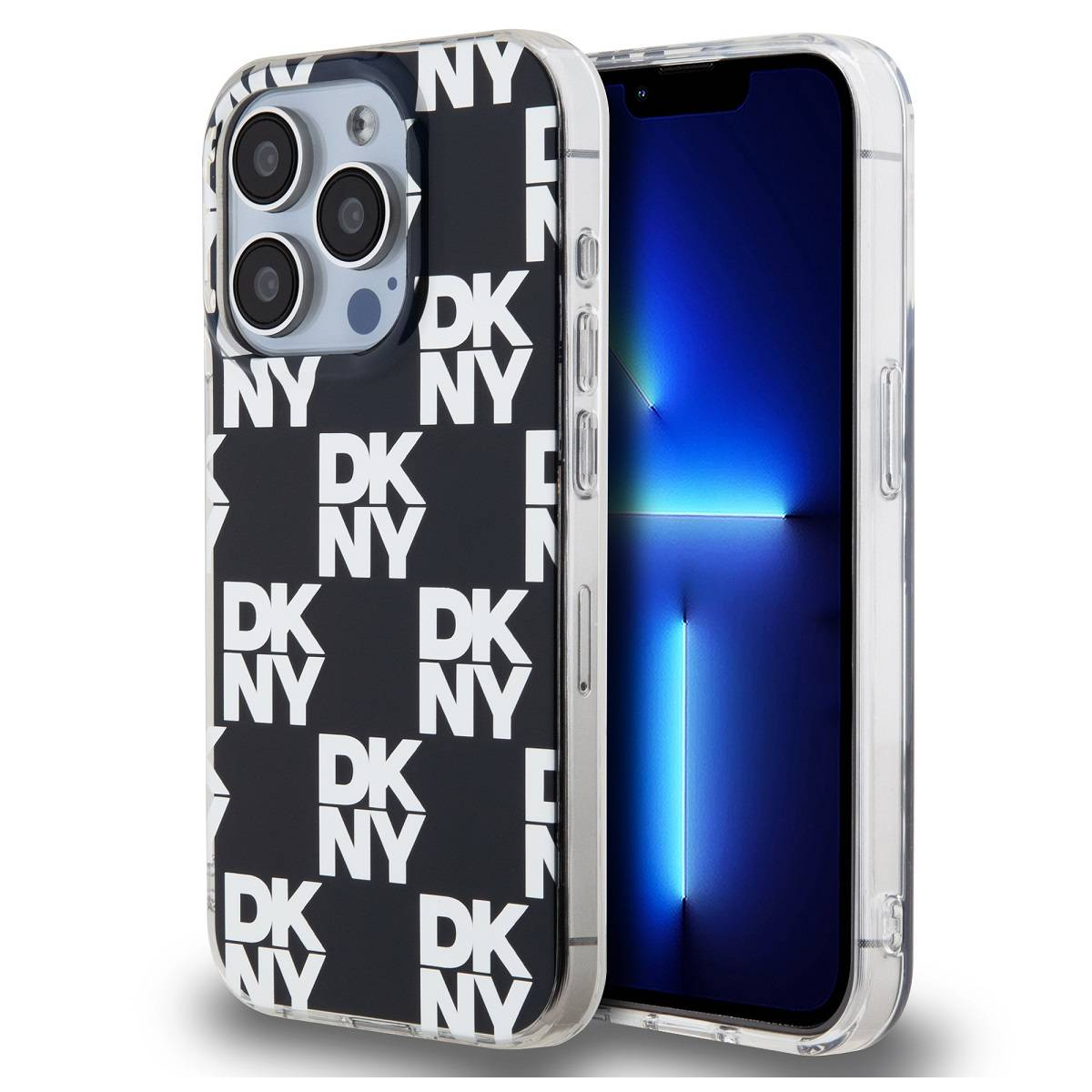 iPhone in una custodia DKNY nera con scritte bianche. Lo schermo del telefono è acceso, mostrando una sfumatura blu. Lo sfondo è bianco.