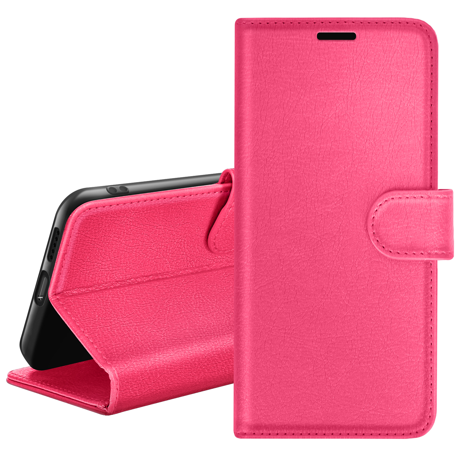 Een roze telefoonhoesje met een telefoon erin, open om de telefoon te laten zien. De hoes heeft een gestructureerd oppervlak.