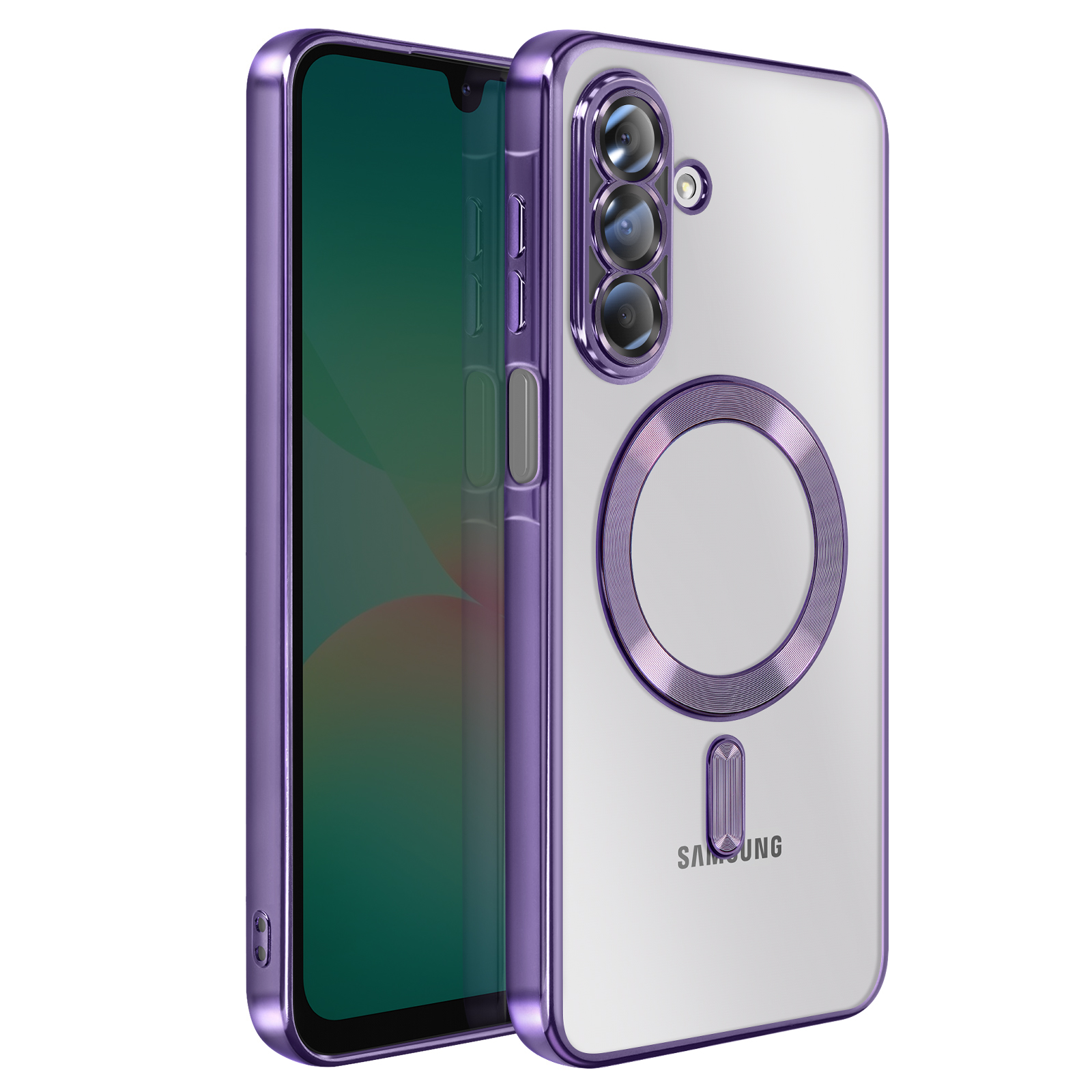 Paarse telefoonhoes op witte achtergrond. Heeft een doorzichtige achterkant, paarse accenten en een magnetische ring.